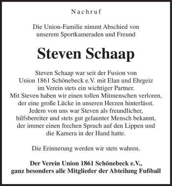 Traueranzeige von Steven Schaap  von Magdeburger Volksstimme