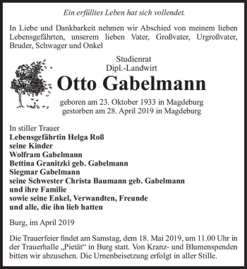 Traueranzeige von Studienrat Dipl.-Landwirt Otto Gabelmann  von Magdeburger Volksstimme