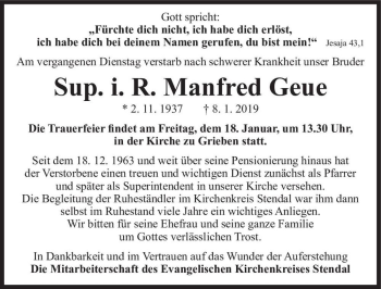 Traueranzeige von Sup. i. R. Manfred Geue  von Magdeburger Volksstimme