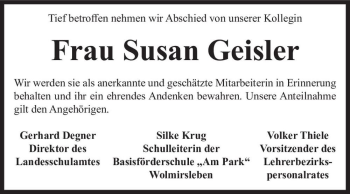 Traueranzeige von Susan Geisler  von Magdeburger Volksstimme