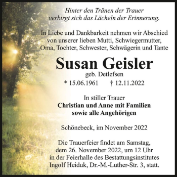 Traueranzeige von Susan Geisler (geb. Detlefsen)  von Magdeburger Volksstimme