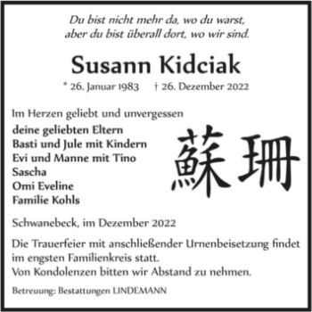Traueranzeige von Susann Kidciak  von Magdeburger Volksstimme