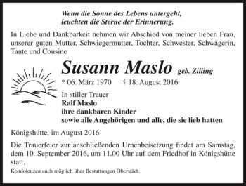 Traueranzeige von Susann Maslo (geb. Zilling)  von Magdeburger Volksstimme