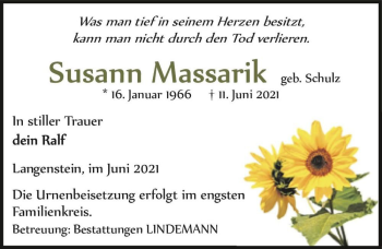 Traueranzeige von Susann Massarik (geb. Schulz)  von Magdeburger Volksstimme