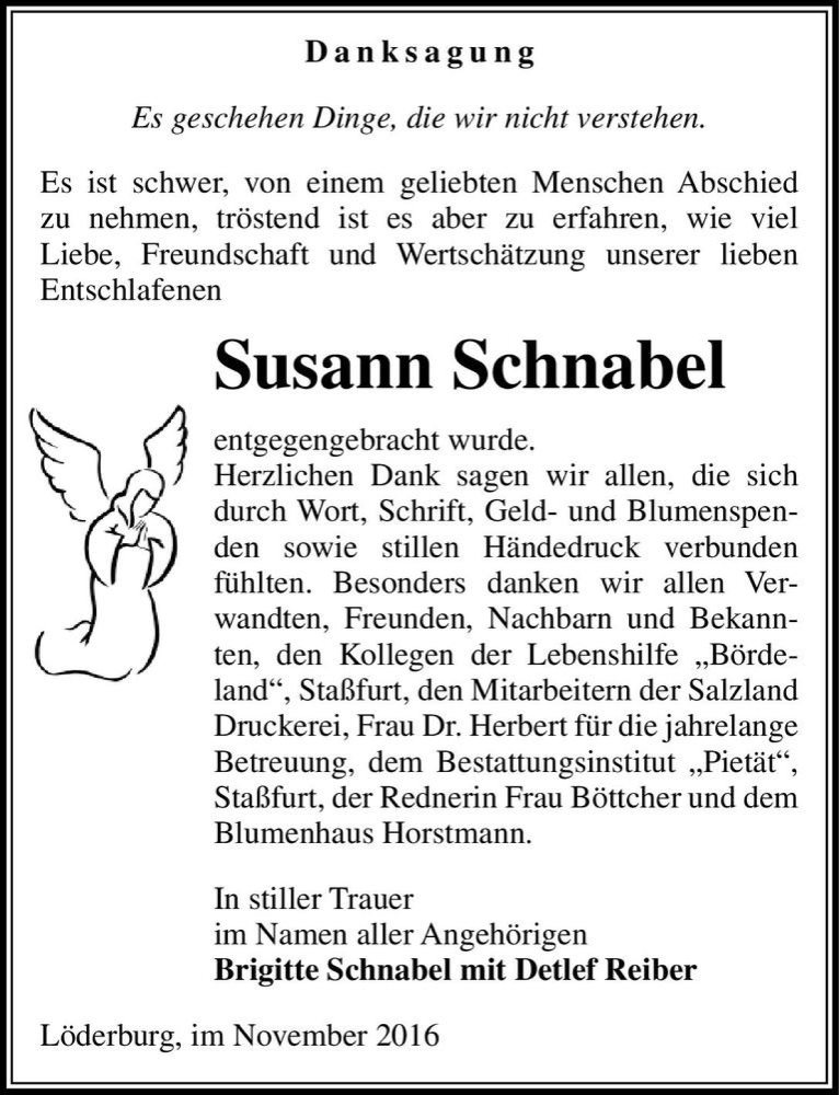  Traueranzeige für Susann Schnabel  vom 05.11.2016 aus Magdeburger Volksstimme