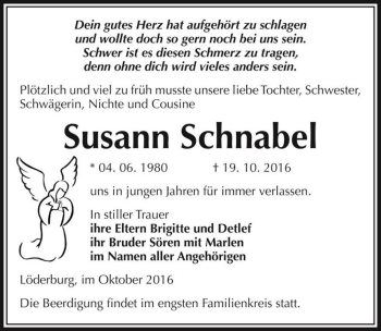 Traueranzeige von Susann Schnabel  von Magdeburger Volksstimme
