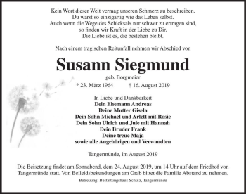 Traueranzeige von Susann Siegmund (geb. Borgmeier)  von Magdeburger Volksstimme