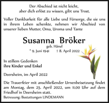 Traueranzeige von Susanna Bröker (geb. Hänel)  von Magdeburger Volksstimme