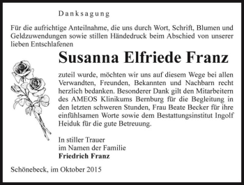 Traueranzeige von Susanna Elfriede Franz  von Magdeburger Volksstimme