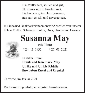Traueranzeige von Susanna May (geb. Heuer)  von Magdeburger Volksstimme