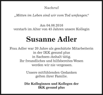 Traueranzeige von Susanne Adler  von Magdeburger Volksstimme