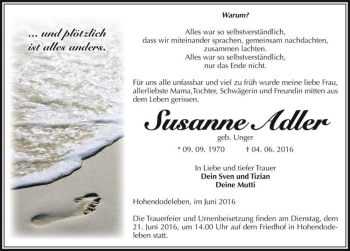 Traueranzeige von Susanne Adler (geb. Unger)  von Magdeburger Volksstimme