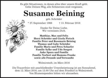 Traueranzeige von Susanne Beining (geb. Schröder)  von Magdeburger Volksstimme