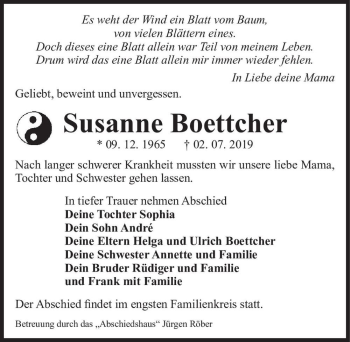 Traueranzeige von Susanne Boettcher  von Magdeburger Volksstimme