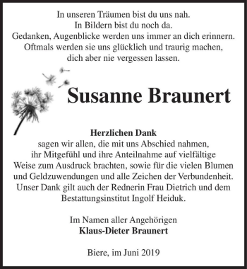 Traueranzeige von Susanne Braunert  von Magdeburger Volksstimme