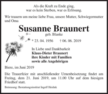 Traueranzeige von Susanne Braunert (geb. Blanke)  von Magdeburger Volksstimme