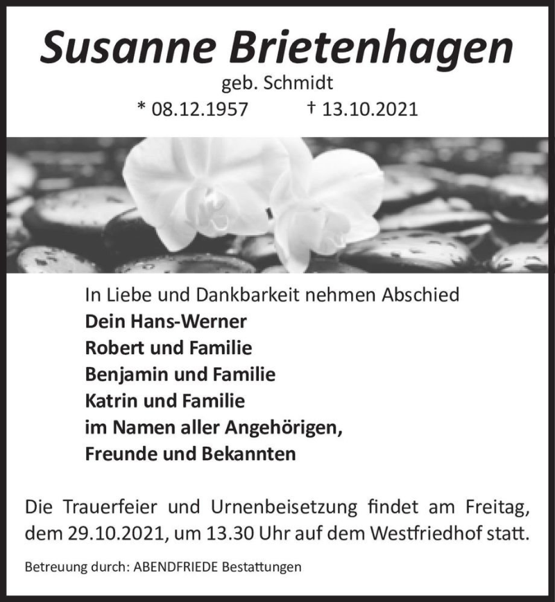  Traueranzeige für Susanne Brietenhagen (geb. Schmidt)  vom 16.10.2021 aus Magdeburger Volksstimme