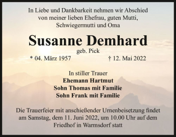 Traueranzeige von Susanne Demhard (geb. Pick)  von Magdeburger Volksstimme