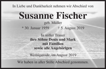 Traueranzeige von Susanne Fischer (geb. Müller)  von Magdeburger Volksstimme