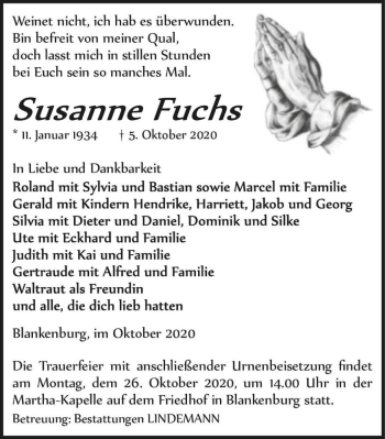 Traueranzeige von Susanne Fuchs  von Magdeburger Volksstimme