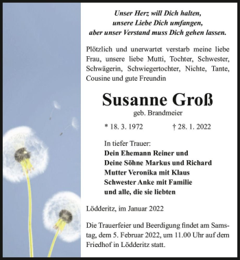 Traueranzeige von Susanne Groß (geb. Brandmeier)  von Magdeburger Volksstimme