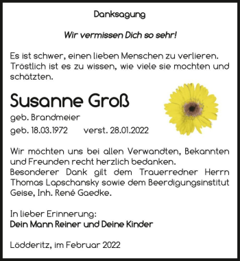 Traueranzeige von Susanne Groß (geb. Brandmeier)  von Magdeburger Volksstimme