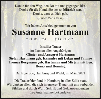 Traueranzeige von Susanne Hartmann  von Magdeburger Volksstimme