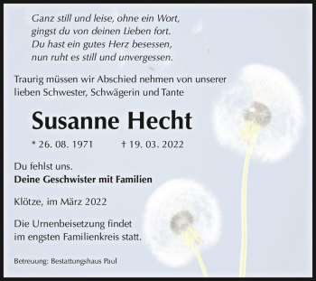 Traueranzeige von Susanne Hecht  von Magdeburger Volksstimme