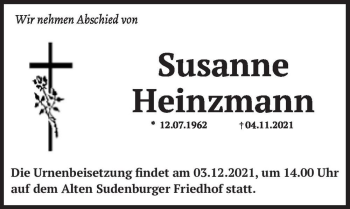 Traueranzeige von Susanne Heinzmann  von Magdeburger Volksstimme
