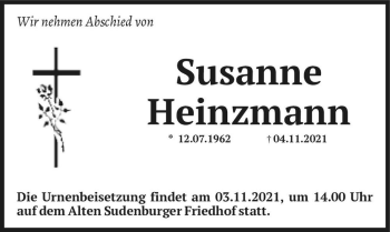 Traueranzeige von Susanne Heinzmann  von Magdeburger Volksstimme