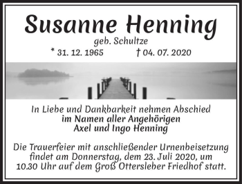 Traueranzeige von Susanne Henning (geb. Schulze)  von Magdeburger Volksstimme