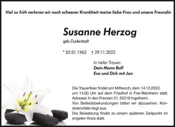 Traueranzeige von Susanne Herzog (geb. Duderstadt)  von Magdeburger Volksstimme