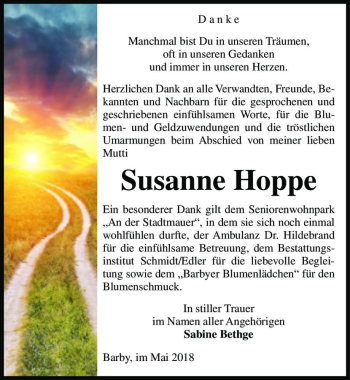 Traueranzeige von Susanne Hoppe  von Magdeburger Volksstimme
