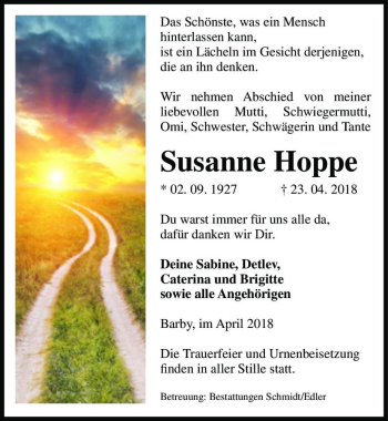 Traueranzeige von Susanne Hoppe  von Magdeburger Volksstimme