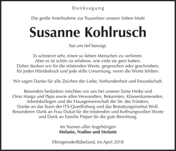 Traueranzeige von Susanne Kohlrusch  von Magdeburger Volksstimme