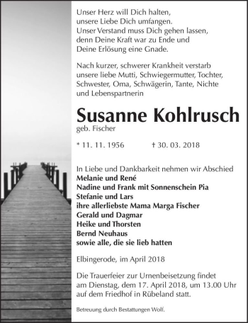 Traueranzeige von Susanne Kohlrusch (geb. Fischer)  von Magdeburger Volksstimme