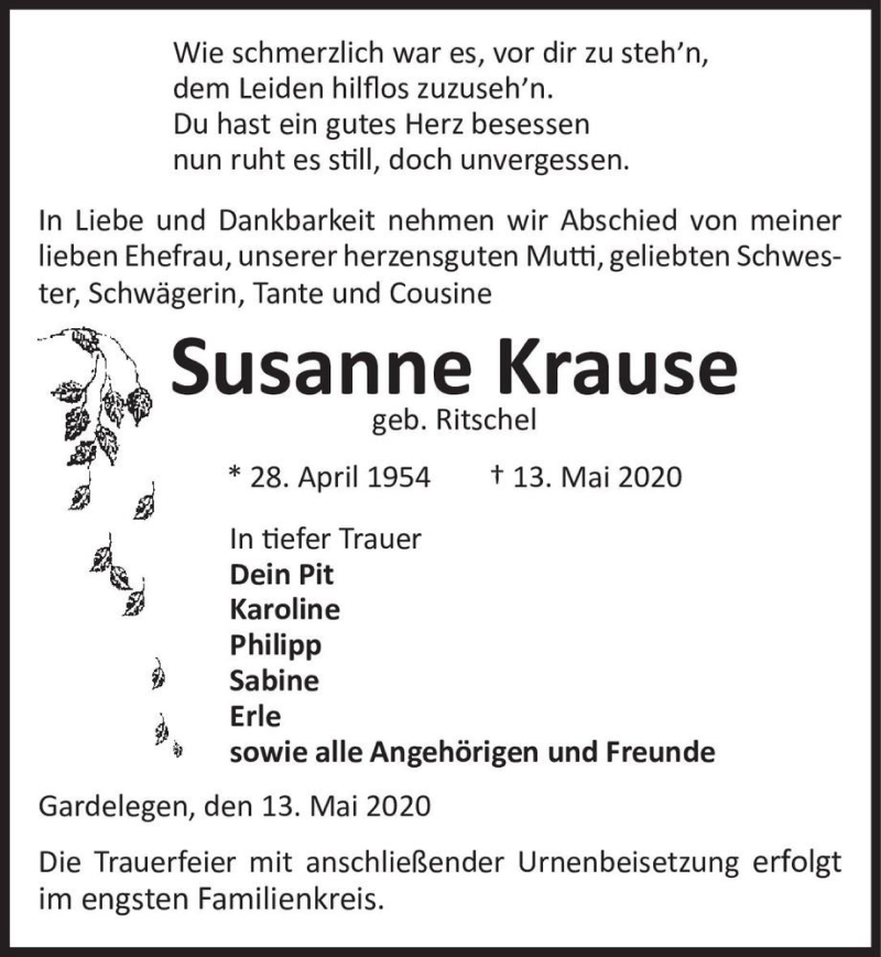  Traueranzeige für Susanne Krause (geb. Ritschel)  vom 15.05.2020 aus Magdeburger Volksstimme
