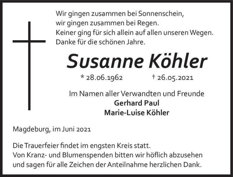  Traueranzeige für Susanne Köhler  vom 05.06.2021 aus Magdeburger Volksstimme