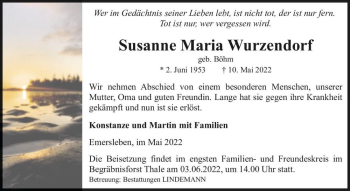 Traueranzeige von Susanne Maria Wurzendorf (geb. Böhm)  von Magdeburger Volksstimme