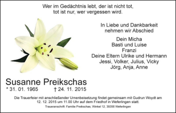 Traueranzeige von Susanne Preikschas  von Magdeburger Volksstimme