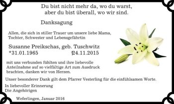 Traueranzeige von Susanne Preikschas (geb. Tuschwitz)  von Magdeburger Volksstimme