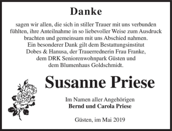 Traueranzeige von Susanne Priese  von Magdeburger Volksstimme