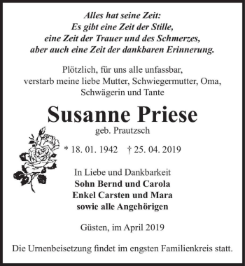 Traueranzeige von Susanne Priese (geb. Prautzsch)  von Magdeburger Volksstimme