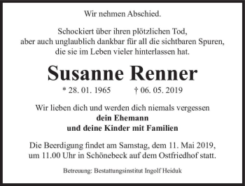 Traueranzeige von Susanne Renner  von Magdeburger Volksstimme