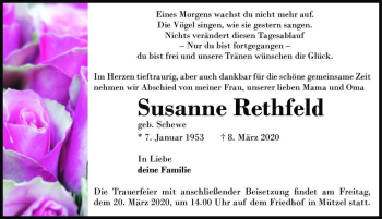 Traueranzeige von Susanne Rethfeld (geb. Schewe)  von Magdeburger Volksstimme