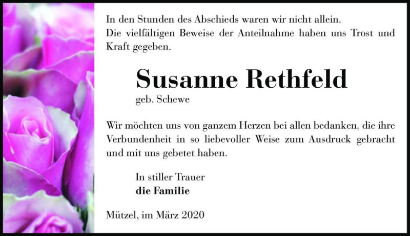  Traueranzeige für Susanne Rethfeld (geb. Schewe)  vom 28.03.2020 aus Magdeburger Volksstimme