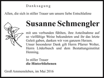 Traueranzeige von Susanne Schmengler  von Magdeburger Volksstimme