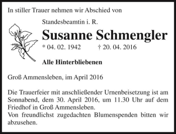 Traueranzeige von Susanne Schmengler  von Magdeburger Volksstimme
