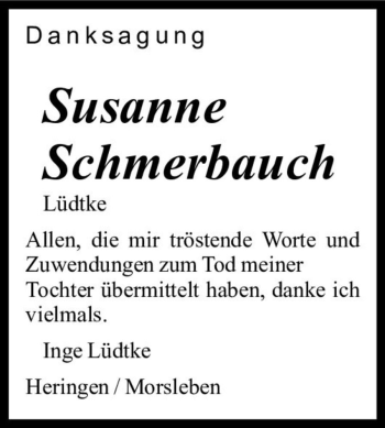 Traueranzeige von Susanne Schmerbauch (geb. Lüdtke)  von Magdeburger Volksstimme
