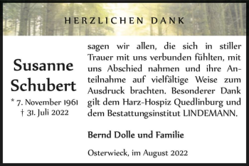 Traueranzeige von Susanne Schubert  von Magdeburger Volksstimme